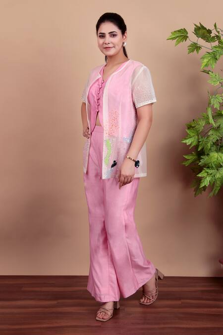 Nidhi Kejriwal_Pink Chanderi, Organza Beads, Sequins V-neck, Round Light Beaded Shrug Pant Set _Online_at_Aza_Fashions