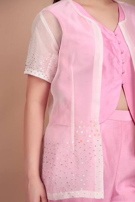 Buy_Nidhi Kejriwal_Pink Chanderi, Organza Beads, Sequins V-neck, Round Light Beaded Shrug Pant Set _Online_at_Aza_Fashions
