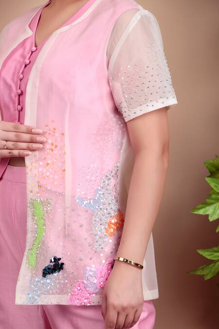 Nidhi Kejriwal_Pink Chanderi, Organza Beads, Sequins V-neck, Round Light Beaded Shrug Pant Set _at_Aza_Fashions