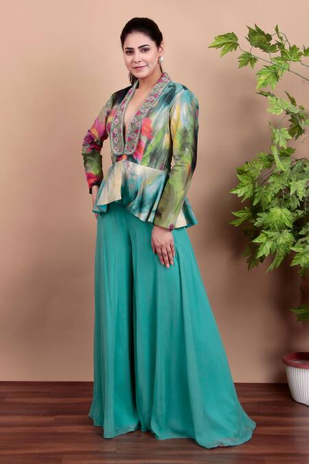 Nidhi Kejriwal_Aqua Crepe, Georgette Beads V-neck Floral Peplum Top With Palazzo Pants _Online_at_Aza_Fashions