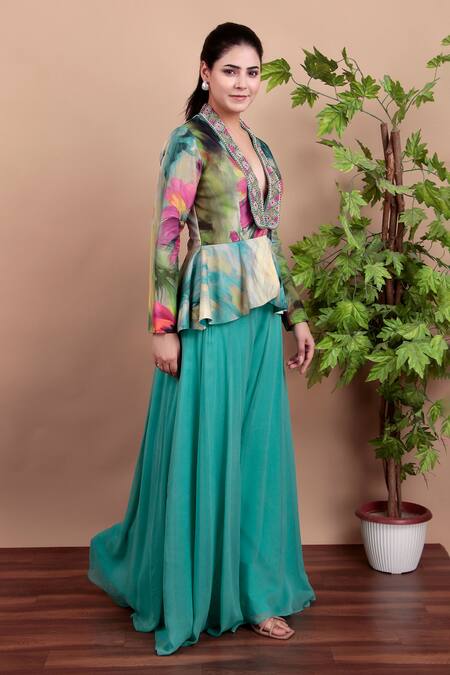 Buy_Nidhi Kejriwal_Aqua Crepe, Georgette Beads V-neck Floral Peplum Top With Palazzo Pants _Online_at_Aza_Fashions