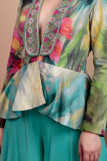 Shop_Nidhi Kejriwal_Aqua Crepe, Georgette Beads V-neck Floral Peplum Top With Palazzo Pants _Online_at_Aza_Fashions