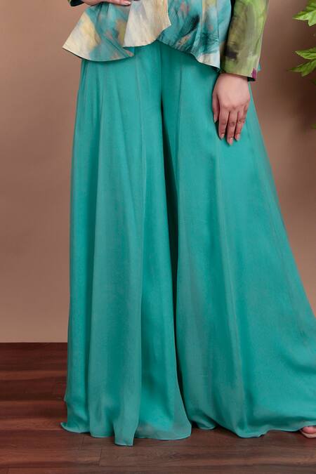Nidhi Kejriwal Aqua Crepe, Georgette Beads V-neck Floral Peplum Top With Palazzo Pants at Aza Fashions Nidhi Kejriwal_Aqua Crepe, Georgette Beads V-neck Floral Peplum Top With Palazzo Pants _at_Aza_Fashions