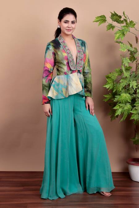 Buy_Nidhi Kejriwal_Aqua Crepe, Georgette Beads V-neck Floral Peplum Top With Palazzo Pants 
