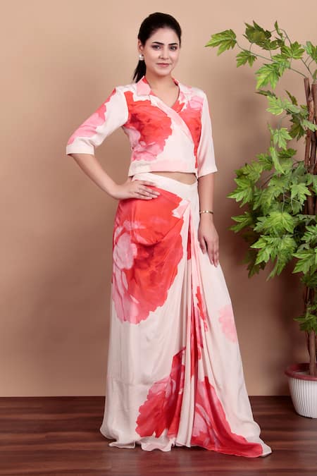 Nidhi Kejriwal Pink Crepe Open Neck Floral Indo-western Drape Set 