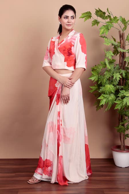 Buy_Nidhi Kejriwal_Pink Crepe Open Neck Floral Indo-western Drape Set _Online_at_Aza_Fashions
