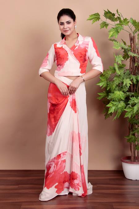 Shop_Nidhi Kejriwal_Pink Crepe Open Neck Floral Indo-western Drape Set _Online_at_Aza_Fashions