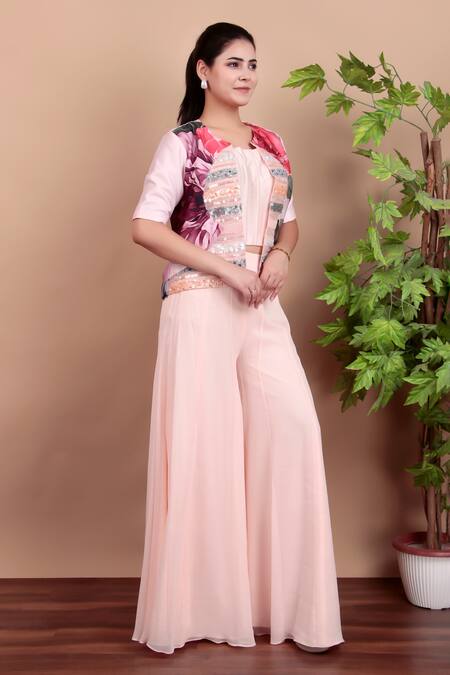 Buy_Nidhi Kejriwal_Pink Georgette, Modal, Satin, Chanderi Sequins Blush Indo-western Dress Set _Online_at_Aza_Fashions