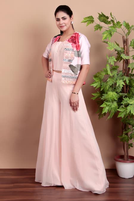 Shop_Nidhi Kejriwal_Pink Georgette, Modal, Satin, Chanderi Sequins Blush Indo-western Dress Set _Online_at_Aza_Fashions