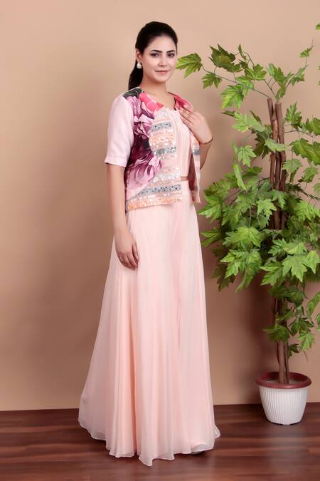 Nidhi Kejriwal_Pink Georgette, Modal, Satin, Chanderi Sequins Blush Indo-western Dress Set _at_Aza_Fashions