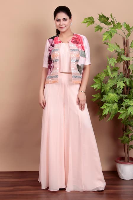 Nidhi Kejriwal Pink Georgette, Modal, Satin, Chanderi Sequins Blush Indo-western Dress Set 