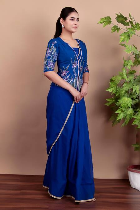 Nidhi Kejriwal_Blue Chiffon, Silk Embroidery, Sequins Round Royal Hand-printed Jacket Saree _Online_at_Aza_Fashions
