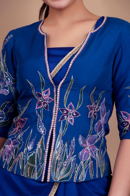 Shop_Nidhi Kejriwal_Blue Chiffon, Silk Embroidery, Sequins Round Royal Hand-printed Jacket Saree _Online_at_Aza_Fashions