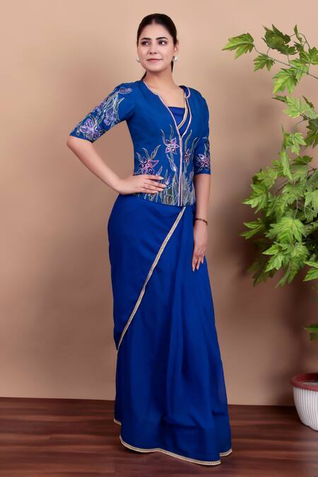 Nidhi Kejriwal_Blue Chiffon, Silk Embroidery, Sequins Round Royal Hand-printed Jacket Saree _at_Aza_Fashions