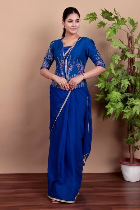 Buy_Nidhi Kejriwal_Blue Chiffon, Silk Embroidery, Sequins Round Royal Hand-printed Jacket Saree 