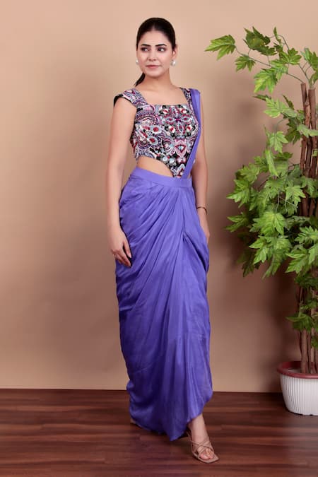 Buy_Nidhi Kejriwal_Purple Silk, Crepe Embroidery Square Neck Designer Pre-draped Saree Set _Online_at_Aza_Fashions