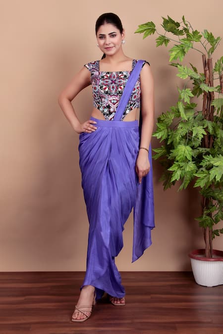 Nidhi Kejriwal_Purple Silk, Crepe Embroidery Square Neck Designer Pre-draped Saree Set _at_Aza_Fashions