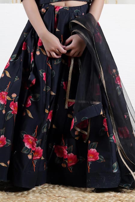 Mamma Plz_Black Chanderi Floral Handwoven Lehenga Set _Online_at_Aza_Fashions