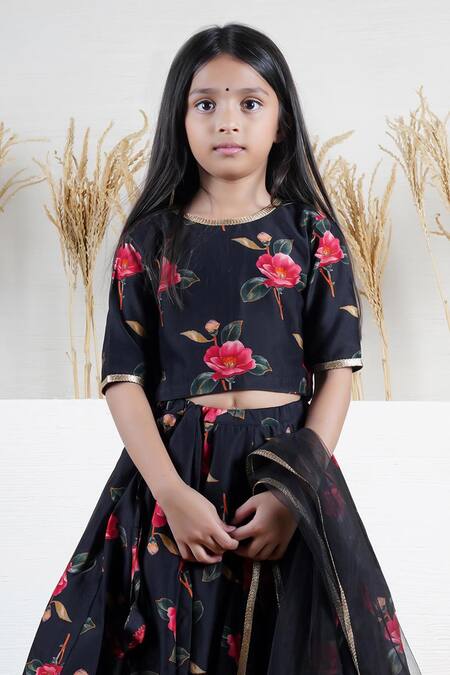 Buy_Mamma Plz_Black Chanderi Floral Handwoven Lehenga Set _Online_at_Aza_Fashions