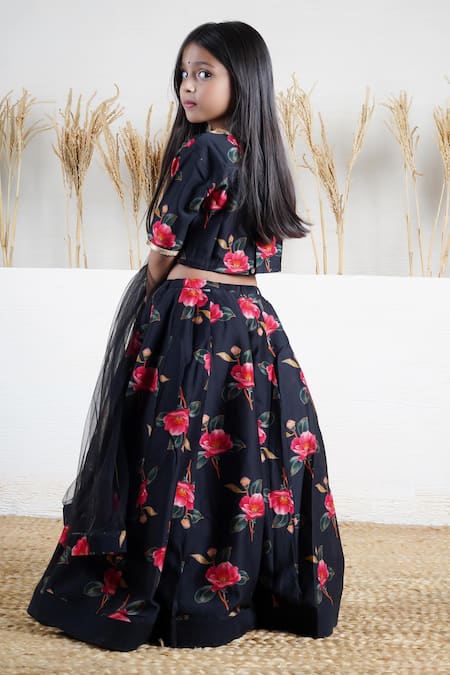 Mamma Plz_Black Chanderi Floral Handwoven Lehenga Set _at_Aza_Fashions