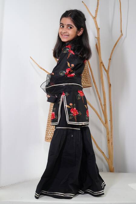 Mamma Plz_Black Chanderi, Net Floral Sharara Set _Online_at_Aza_Fashions