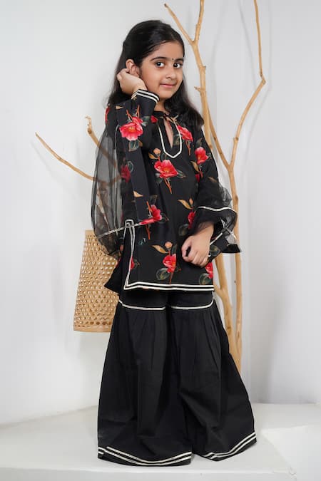 Mamma Plz Black Chanderi, Net Floral Sharara Set 