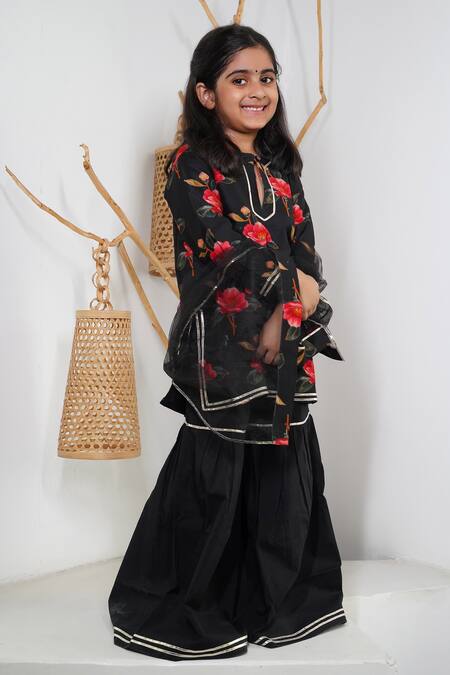 Buy_Mamma Plz_Black Chanderi, Net Floral Sharara Set _Online_at_Aza_Fashions