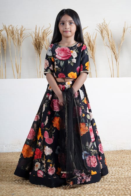 Mamma Plz_Black Embroidery Floral Hand Block Print Lehenga Set _Online_at_Aza_Fashions