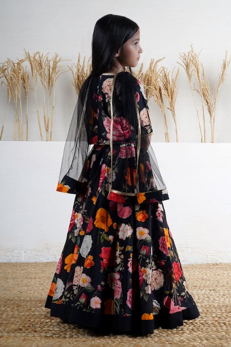 Mamma Plz Black Floral Hand Block Print Lehenga Set 