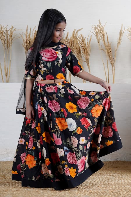 Buy_Mamma Plz_Black Embroidery Floral Hand Block Print Lehenga Set _Online_at_Aza_Fashions