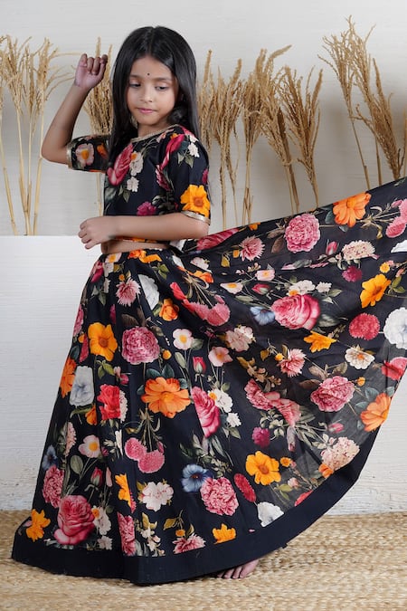 Shop_Mamma Plz_Black Embroidery Floral Hand Block Print Lehenga Set _Online_at_Aza_Fashions