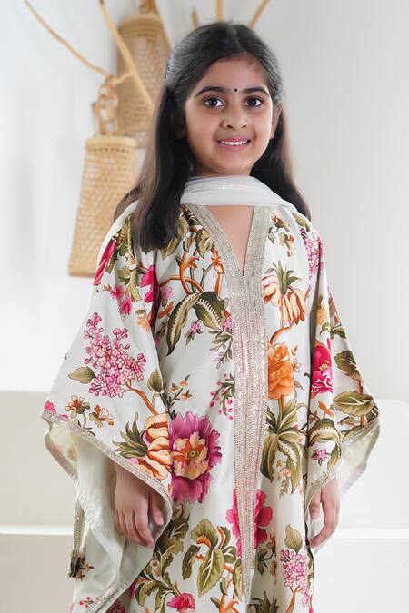 Shop_Mamma Plz_Green Chanderi, Cotton Gota Patti Floral Printed Kaftan Set _Online_at_Aza_Fashions