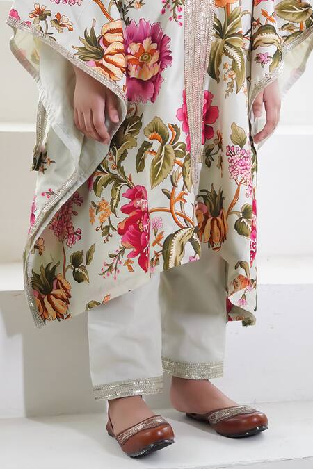 Mamma Plz_Green Chanderi, Cotton Gota Patti Floral Printed Kaftan Set _at_Aza_Fashions