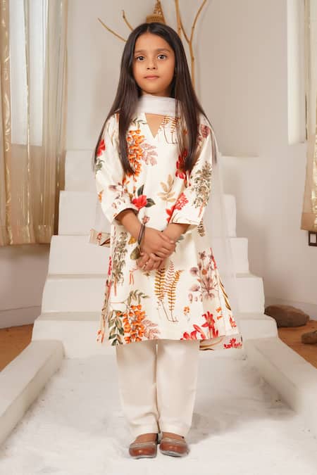 Mamma Plz Ivory Chanderi, Cotton Floral Kurta Set 
