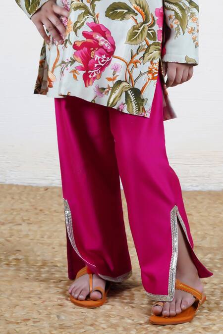 Buy_Mamma Plz_Multi Color Chanderi Gota Patti Floral Print Kurta And Hot Pink Pant Set _Online_at_Aza_Fashions