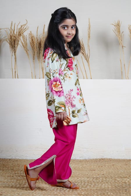 Shop_Mamma Plz_Multi Color Chanderi Gota Patti Floral Print Kurta And Hot Pink Pant Set _Online_at_Aza_Fashions