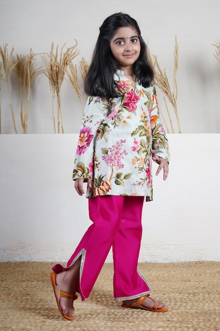 Mamma Plz_Multi Color Chanderi Gota Patti Floral Print Kurta And Hot Pink Pant Set _at_Aza_Fashions