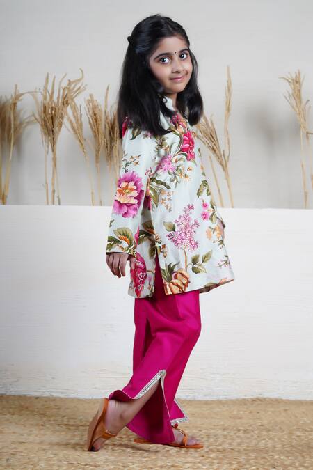 Buy_Mamma Plz_Multi Color Chanderi Gota Patti Floral Print Kurta And Hot Pink Pant Set 