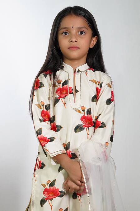 Mamma Plz_Ivory Chanderi Floral Dhoti Kurta Set _Online_at_Aza_Fashions