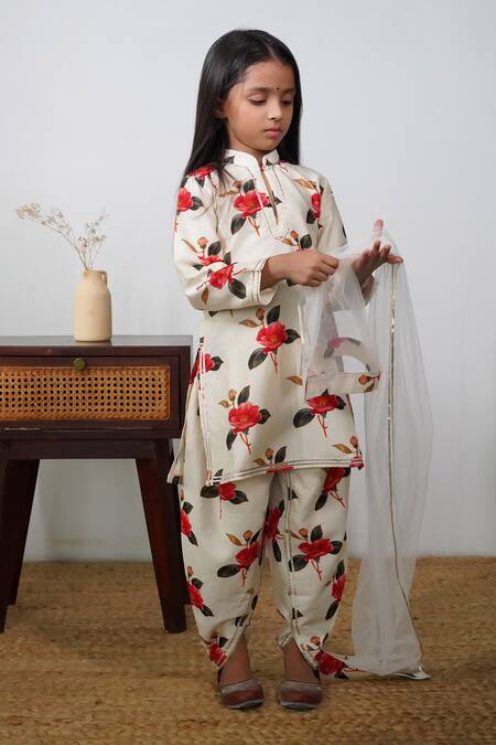 Shop_Mamma Plz_Ivory Chanderi Floral Dhoti Kurta Set _Online_at_Aza_Fashions