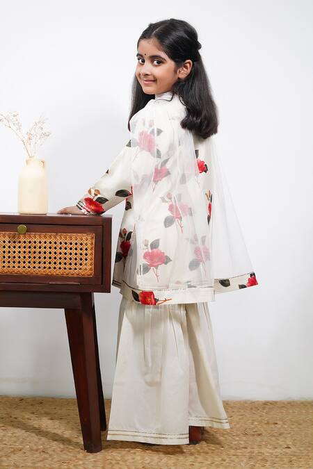 Mamma Plz_Ivory Chanderi, Cotton Floral Sharara Set _Online_at_Aza_Fashions
