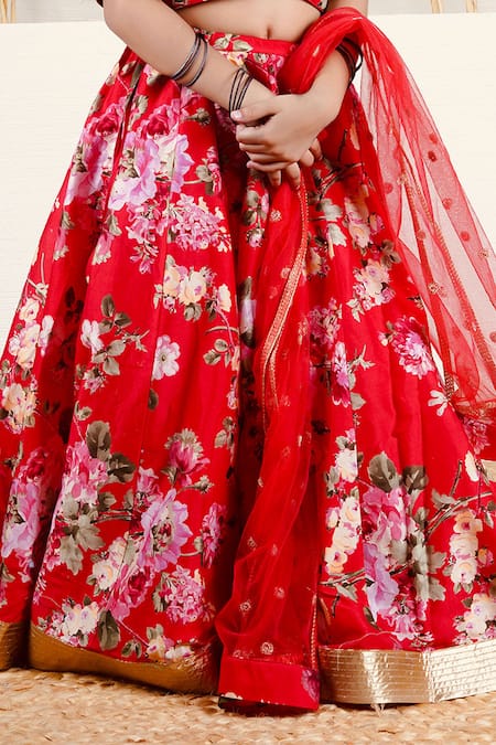 Shop_Mamma Plz_Red Chanderi Zari Floral Lehenga Set _Online_at_Aza_Fashions