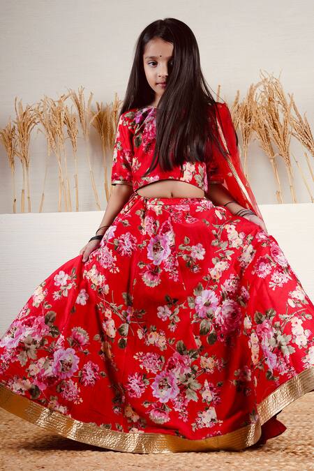 Mamma Plz_Red Chanderi Zari Floral Lehenga Set _at_Aza_Fashions