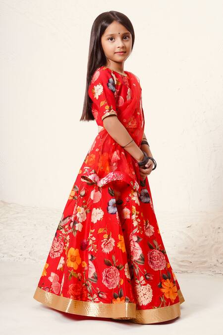 Mamma Plz_Red Chanderi Floral Lehenga Choli Set _Online_at_Aza_Fashions