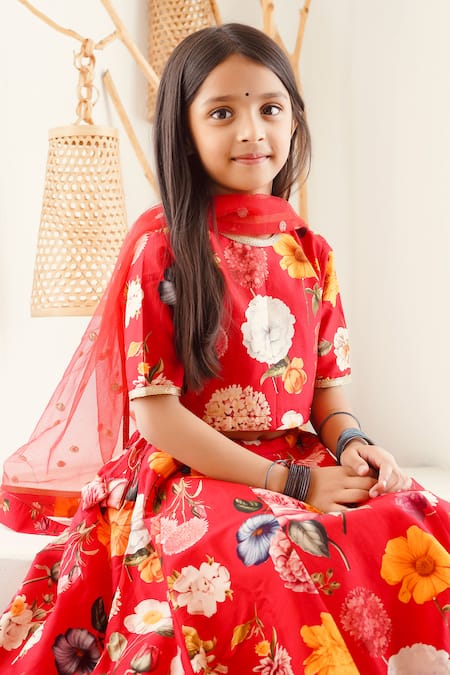 Buy_Mamma Plz_Red Chanderi Floral Lehenga Choli Set _Online_at_Aza_Fashions