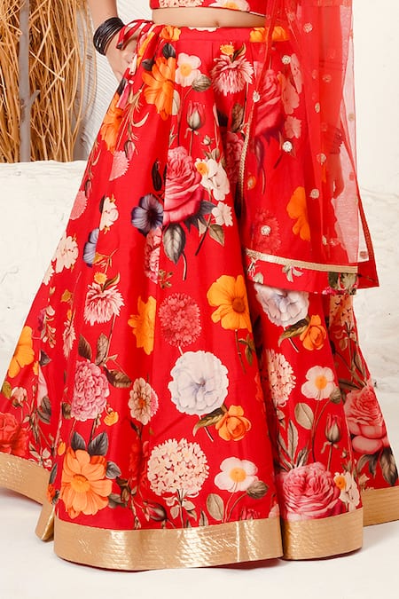 Shop_Mamma Plz_Red Chanderi Floral Lehenga Choli Set _Online_at_Aza_Fashions