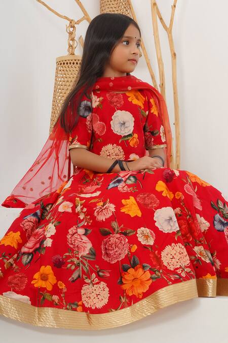 Mamma Plz_Red Chanderi Floral Lehenga Choli Set _at_Aza_Fashions