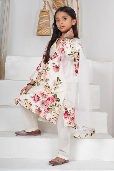 Buy_Mamma Plz_Ivory Chanderi, Cotton Floral Printed Kurta Pajama Set _Online_at_Aza_Fashions
