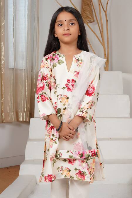 Shop_Mamma Plz_Ivory Chanderi, Cotton Floral Printed Kurta Pajama Set _Online_at_Aza_Fashions