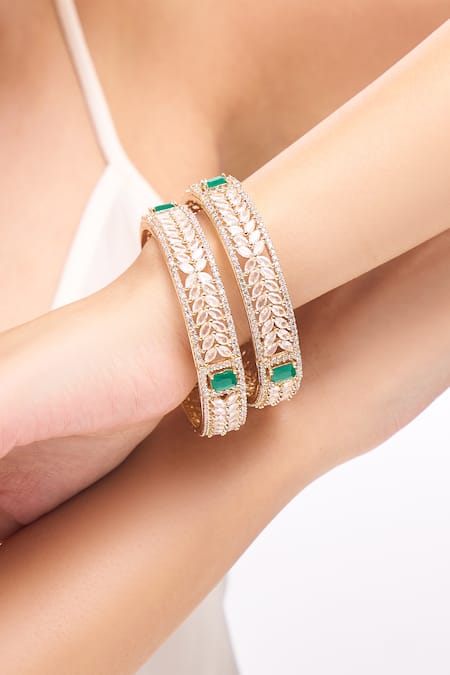 Shop_Nazaakat By Samara Singh_Gold Plated Imitation Diamonds And Green American Bangles Set _Online_at_Aza_Fashions